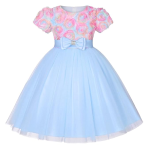 Hopscotch Girl's Polyester Bow Applique Party Knee-Length Dress In Blue Color